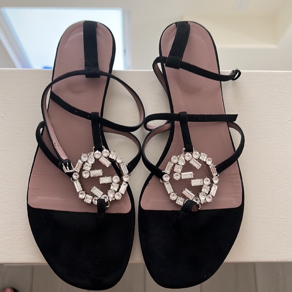 Gucci Black Satin GG Interlocking Crystal Ankle Strap Flat Sandals gladiator - Picture 2 of 6